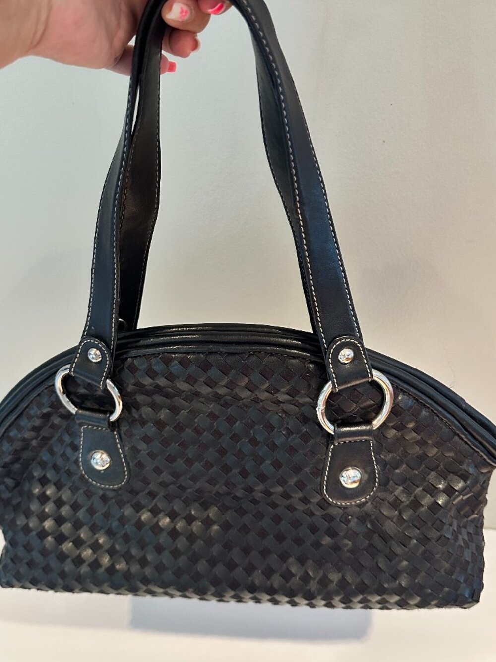 Mercer & Madison Black Leather Handbag Purse Braided Handles Coquette Office